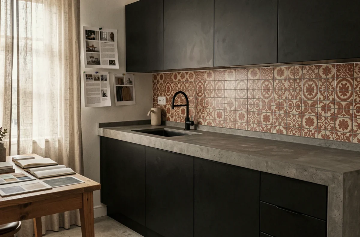 Cuisine sur-mesure AB Cuisine et Design à Toulouse avec laque noire satiné, béton coulé et carrelage artisanal