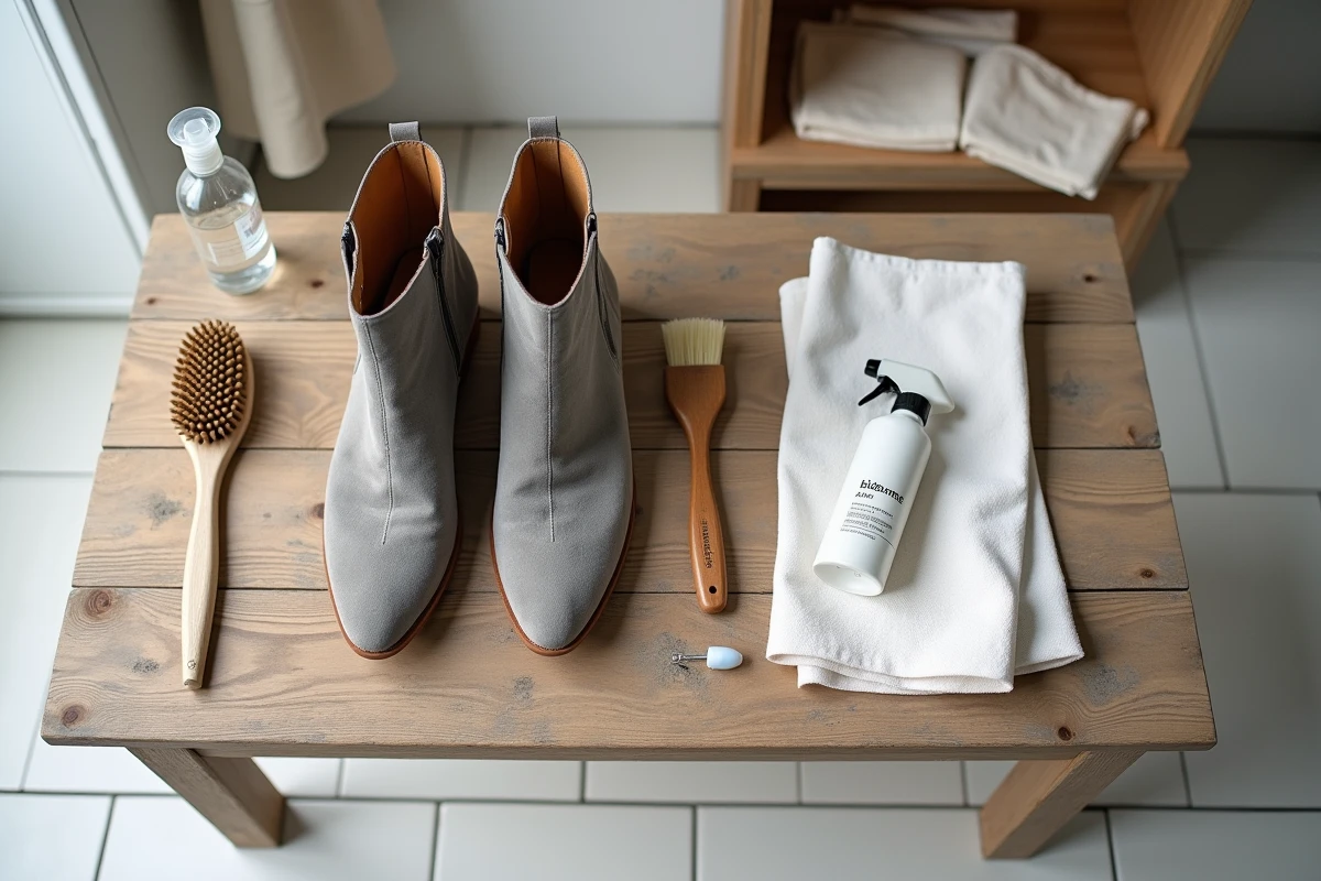 Flat lay des accessoires grand-mère pour enlever une tache sur des bottines en daim gris : brosse, gomme, bicarbonate et chiffon microfibre