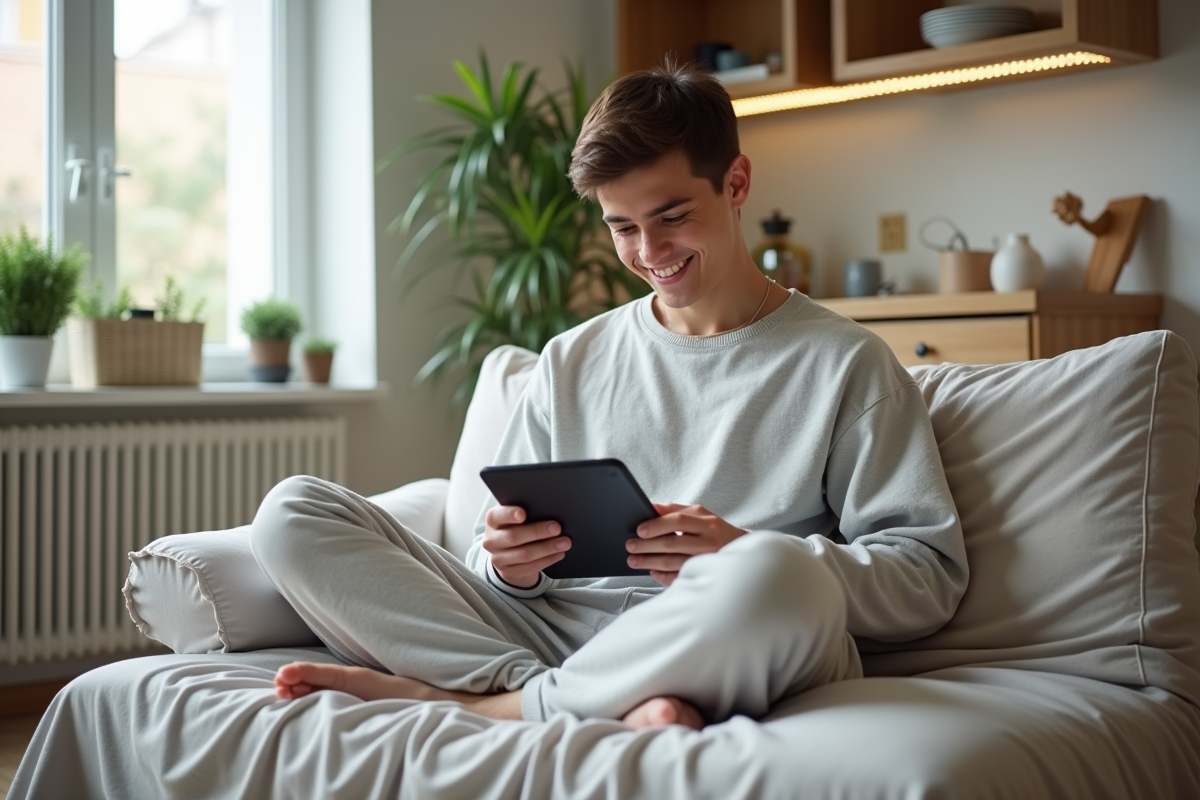 Adolescent souriant sur un canapé avec drap à motifs