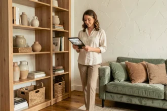 Femme utilisant une application de décoration intérieure pour transformer son salon avec des étagères raffinées et des accessoires soigneusement sélectionnés