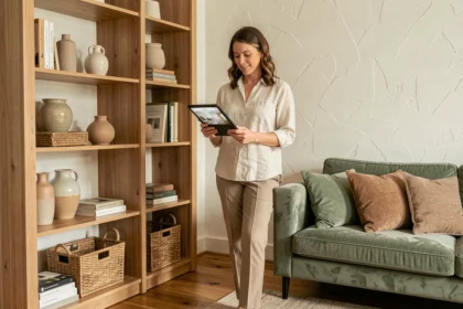 Femme utilisant une application de décoration intérieure pour transformer son salon avec des étagères raffinées et des accessoires soigneusement sélectionnés