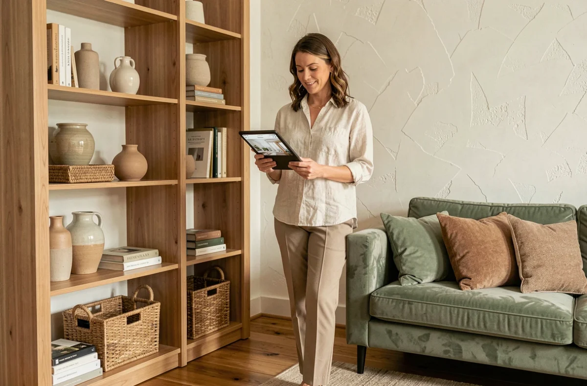Femme utilisant une application de décoration intérieure pour transformer son salon avec des étagères raffinées et des accessoires soigneusement sélectionnés