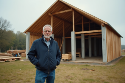 Architecte français debout à côté d'un hangar en construction