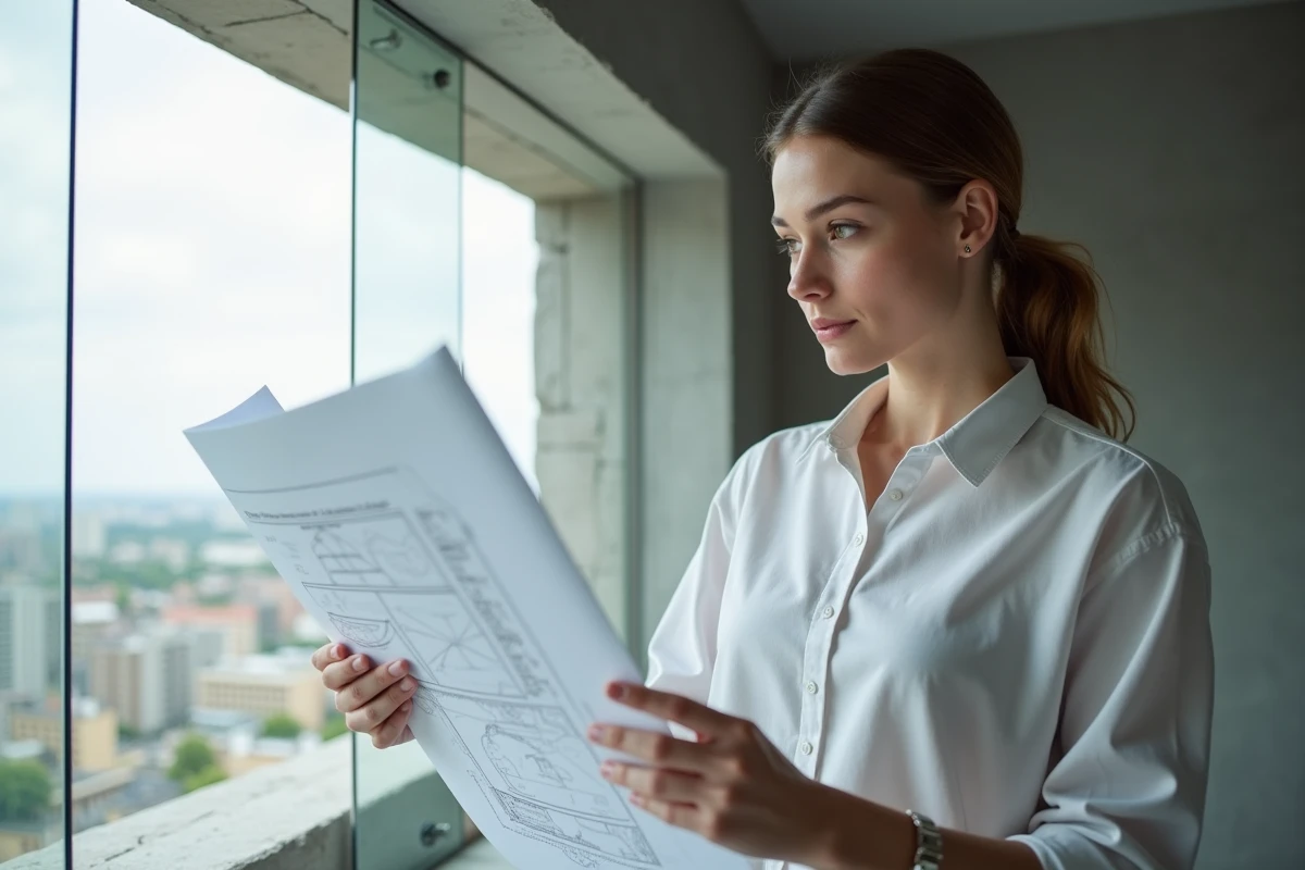Jeune architecte regardant un plan pr&egrave;s d&rsquo;une fen&ecirc;tre moderne