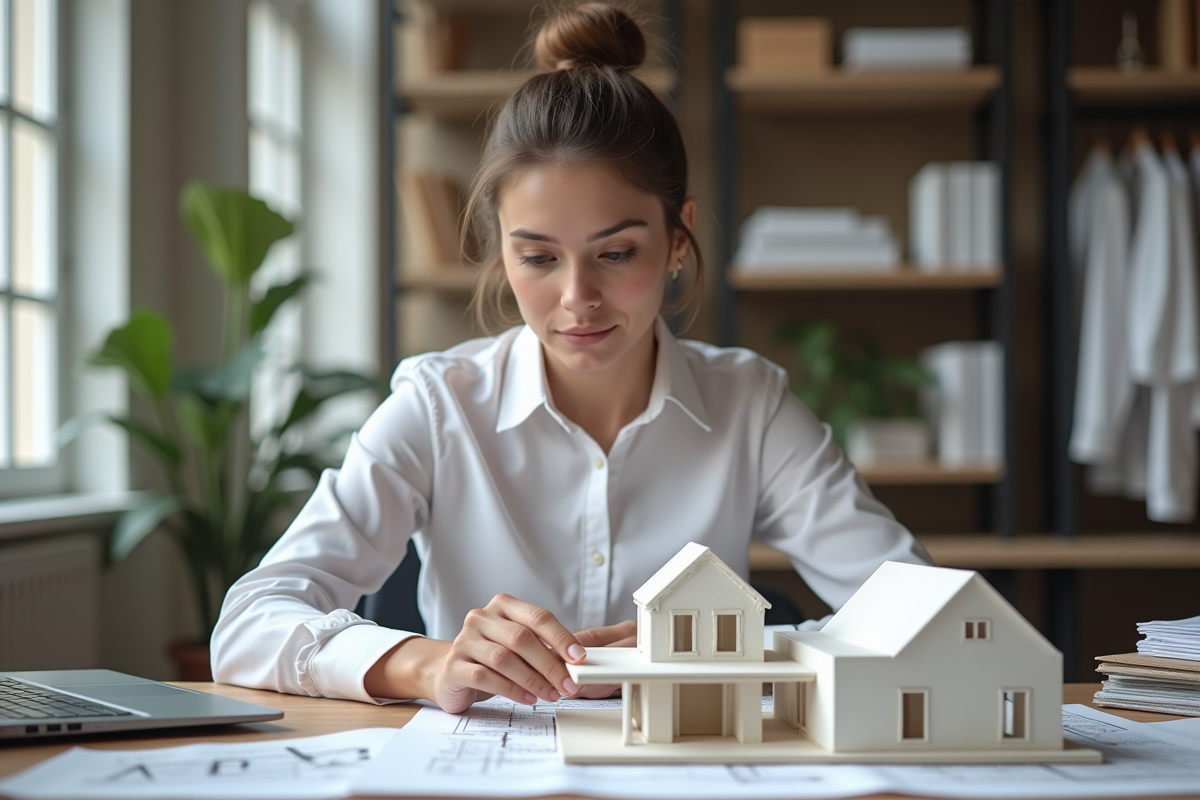 Jeune architecte analysant modele 3d d extension maison