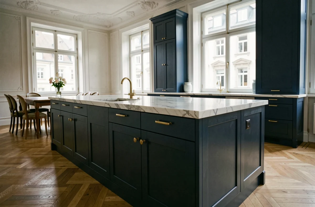 Cuisine sur mesure haut de gamme Arthur Bonnet à Strasbourg avec cabinetry bleu marine et plan de travail en marbre