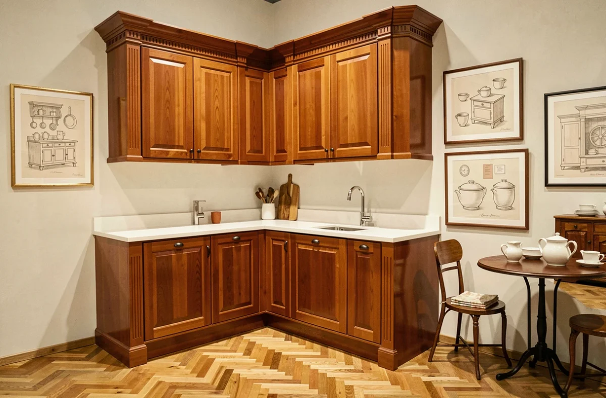 Cuisine Arthur Bonnet à Toulouse avec portes laquées cognac, comptoir Corian blanc et corniches classiques