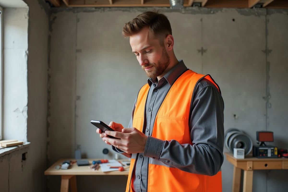 Artisan électricien utilisant un smartphone pour envoyer un devis express sur un chantier de rénovation intérieure