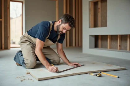 Artisan menuisier mesurant un panneau placo pour créer un meuble TV encastré dans un salon en rénovation