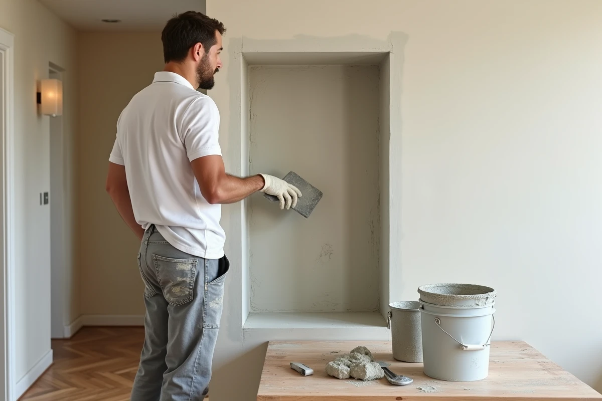 Artisan plaquiste appliquant un enduit de finition sur une niche TV en placo dans un appartement contemporain