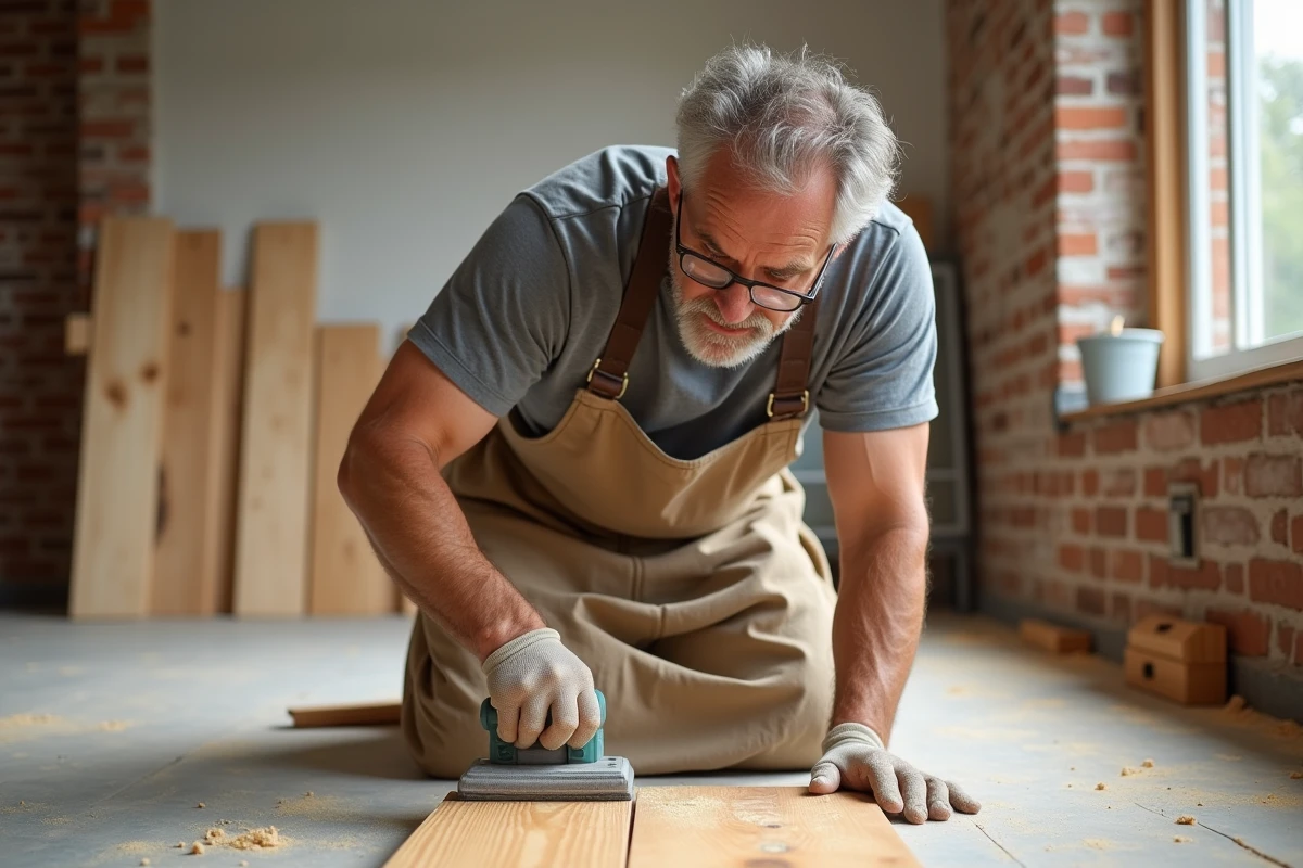 Artisan posant un parquet massif en pin dans un salon en rénovation avec soin et précision