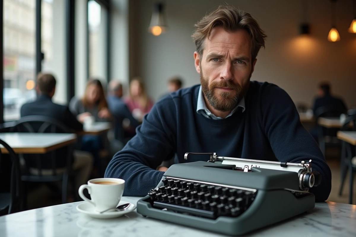 Homme barbu utilisant une machine à écrire portable dans un café parisien moderne avec grande fenêtre et ambiance urbaine contemporaine