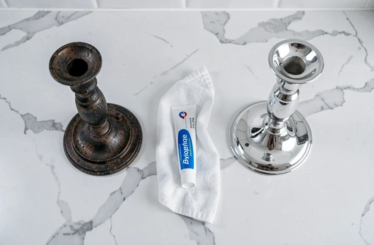 Comparaison avant après de chandeliers en argent noircis et nettoyés au dentifrice sur marbre blanc