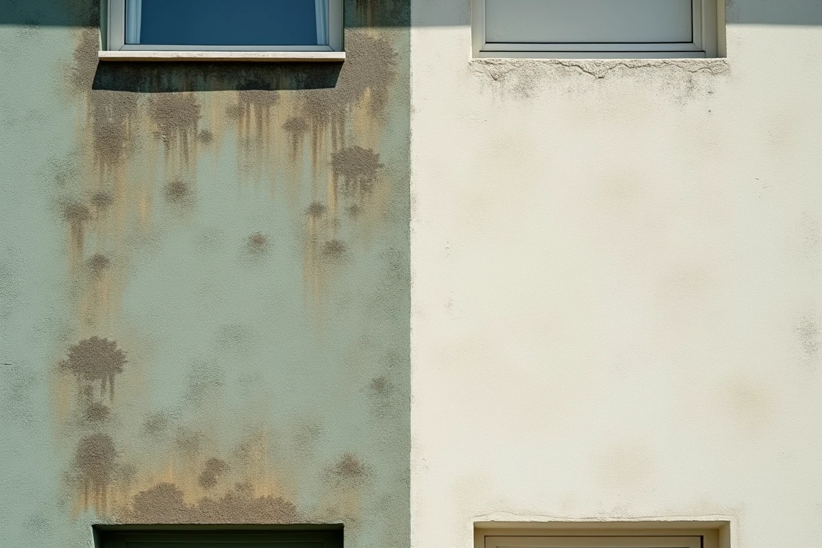 Comparaison avant-après d'une façade de maison nettoyée montrant la différence entre surface sale et surface propre
