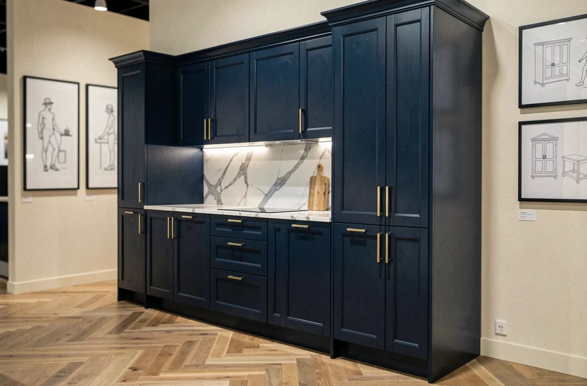 Cuisine Aviva à Toulouse avec portes laquées bleu marine, poignées dorées et plan de travail effet marbre