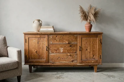 Buffet en bois de chêne vintage posé contre un mur gris dans un salon minimaliste aux tons froids réchauffés par le mobilier ancien