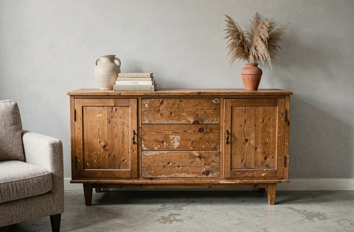 Buffet en bois de chêne vintage posé contre un mur gris dans un salon minimaliste aux tons froids réchauffés par le mobilier ancien