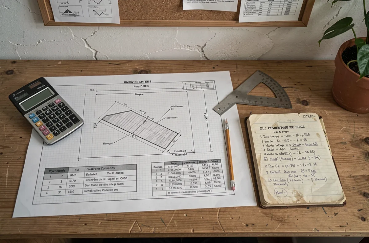 Bureau de couvreur avec plans de toiture annotés, rapporteur métallique et tableau de conversion de pentes en degrés