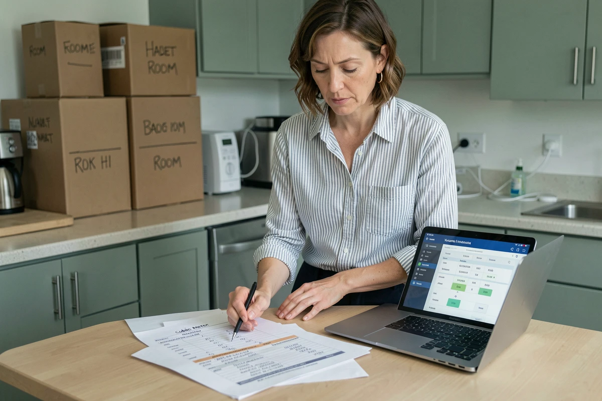 Femme calculant le volume en mètres cubes pour son déménagement avec une feuille de calcul et un ordinateur portable