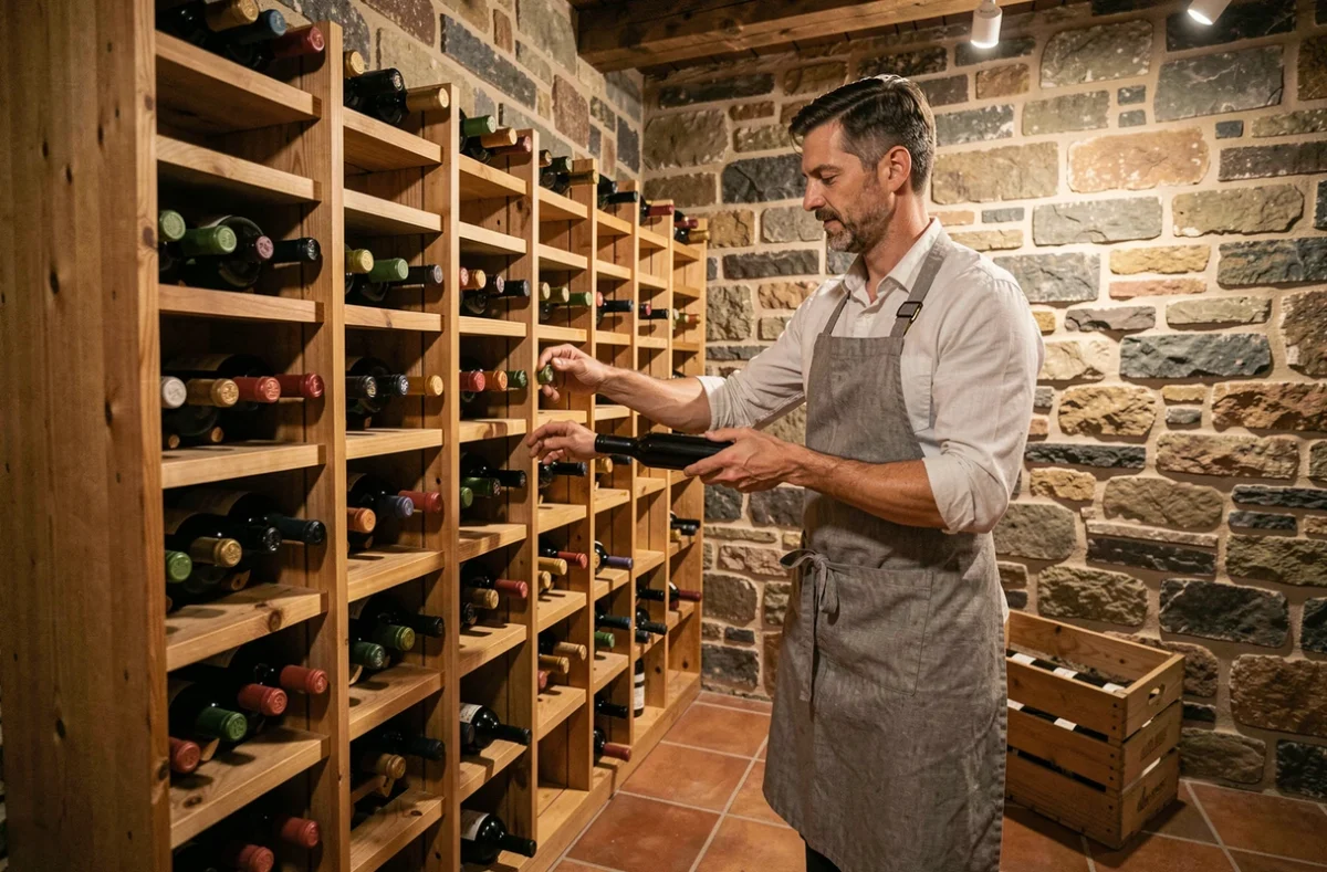 Homme installant une bouteille dans un casier à vin mural en bois dans une cave à vin en pierre