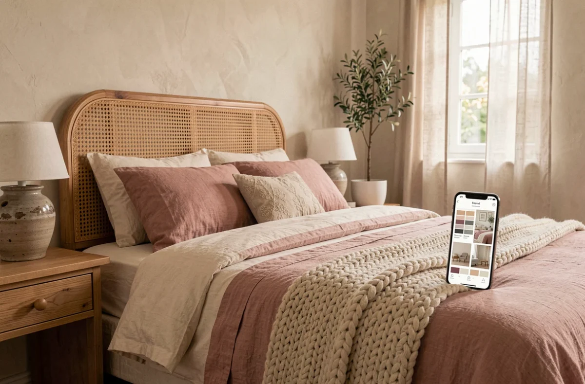 Chambre à coucher transformée grâce à une application de décoration avec literie en lin, tête de lit en rotin et accessoires raffinés en harmonie de tons doux