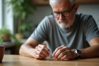 Homme changeant la pile d'une montre à domicile avec une pince à épiler sur une table en bois