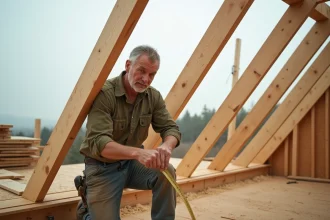Charpentier mesurant des poutres en bois sur une toiture de maison en construction