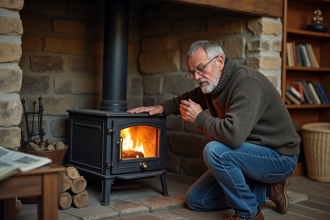Homme d'âge moyen près d'une cheminée en bois dans un salon rustique