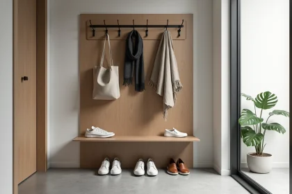 Coin entrée moderne avec porte-manteau mural en métal noir et rangement chaussures intégré sur panneau en chêne clair