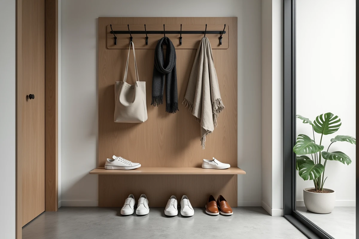 Coin entrée moderne avec porte-manteau mural en métal noir et rangement chaussures intégré sur panneau en chêne clair