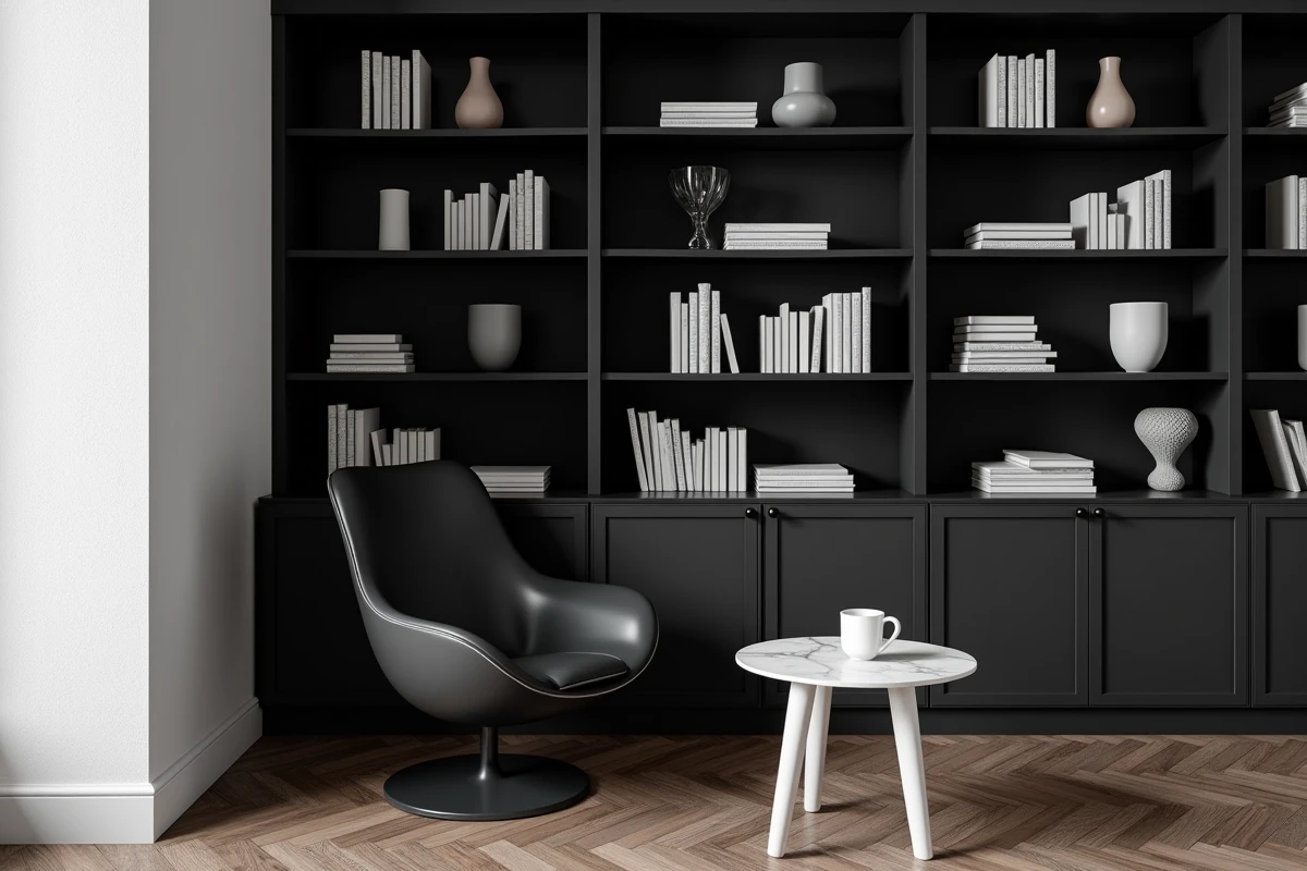 Coin lecture salon noir et blanc avec bibliothèque murale noire intégrée, chaise design noir et parquet en chêne point de Hongrie
