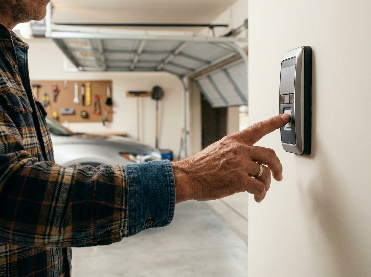Propriétaire utilisant le boîtier de commande murale d'une porte de garage automatique nouvellement installée