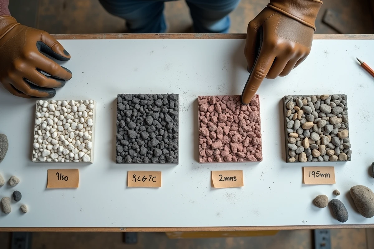 Comparaison de quatre échantillons de béton désactivé avec différents types de granulats sur une table d'atelier, vue de dessus montrant les variétés de pierres et galets