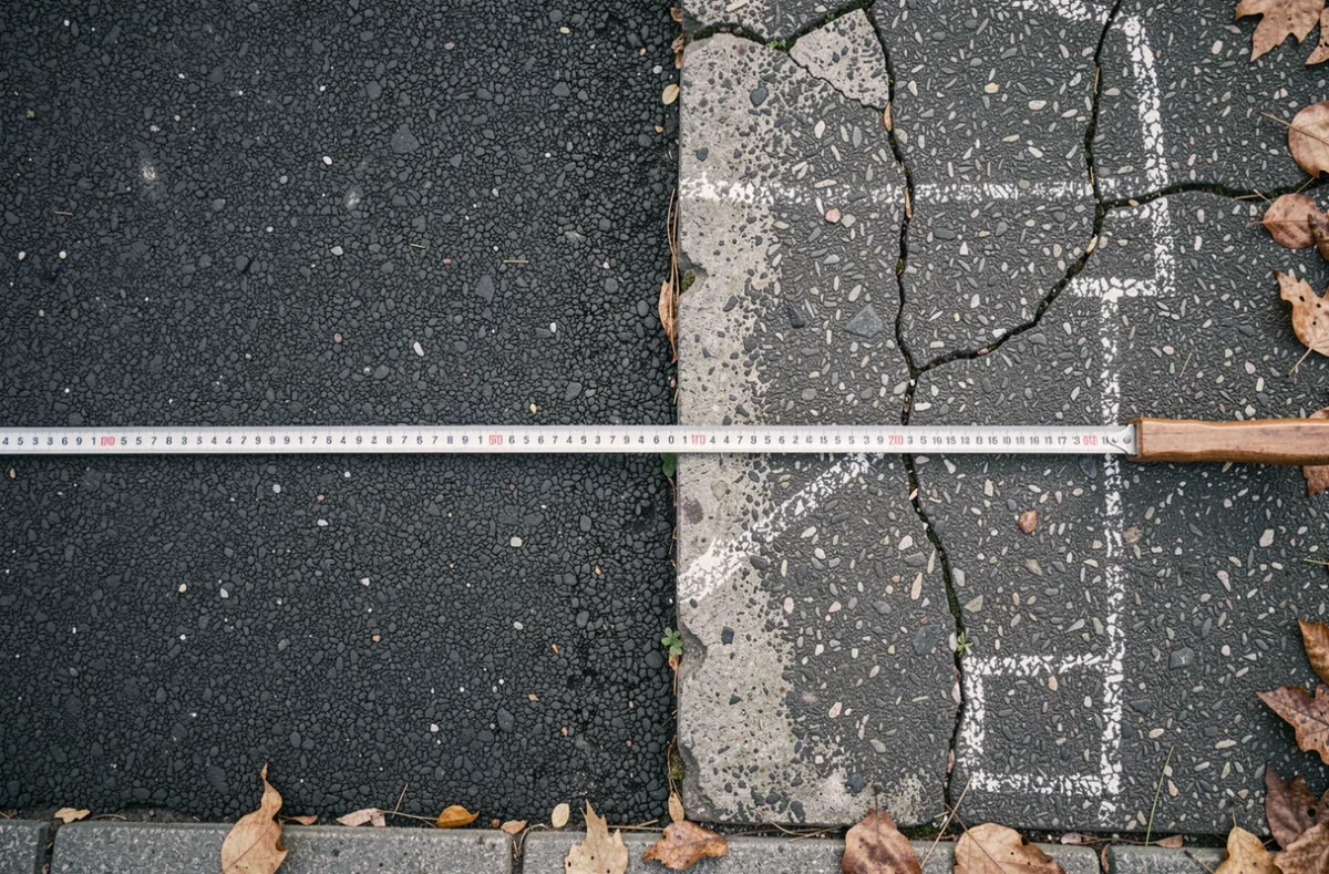 Comparaison entre enrobé neuf et ancien revêtement bitumineux dégradé avec mètre ruban pour estimation de surface