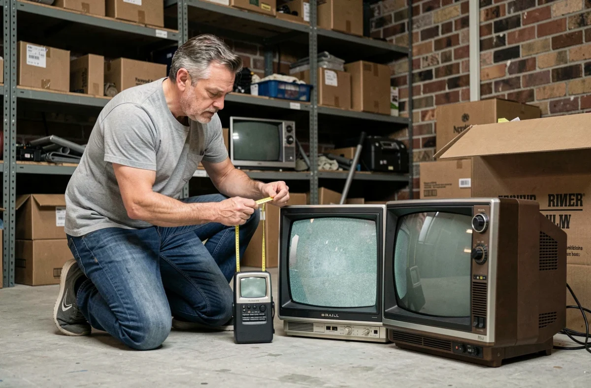 Homme comparant les formats d'écran de plusieurs téléviseurs vintage dans un garage avec mètre ruban