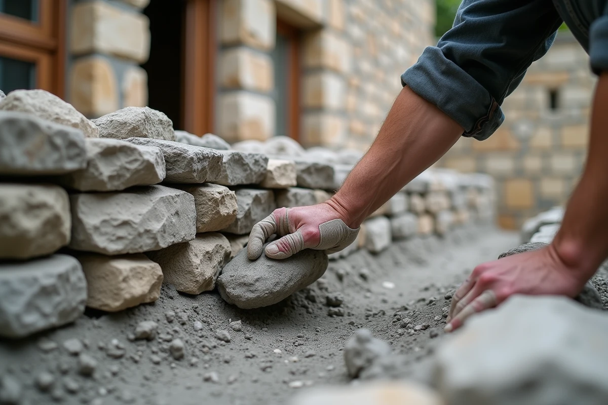 Comparaison côte à côte d'un mur en moellon avec mortier et d'un mur en pierre sèche en cours de construction sur chantier rural