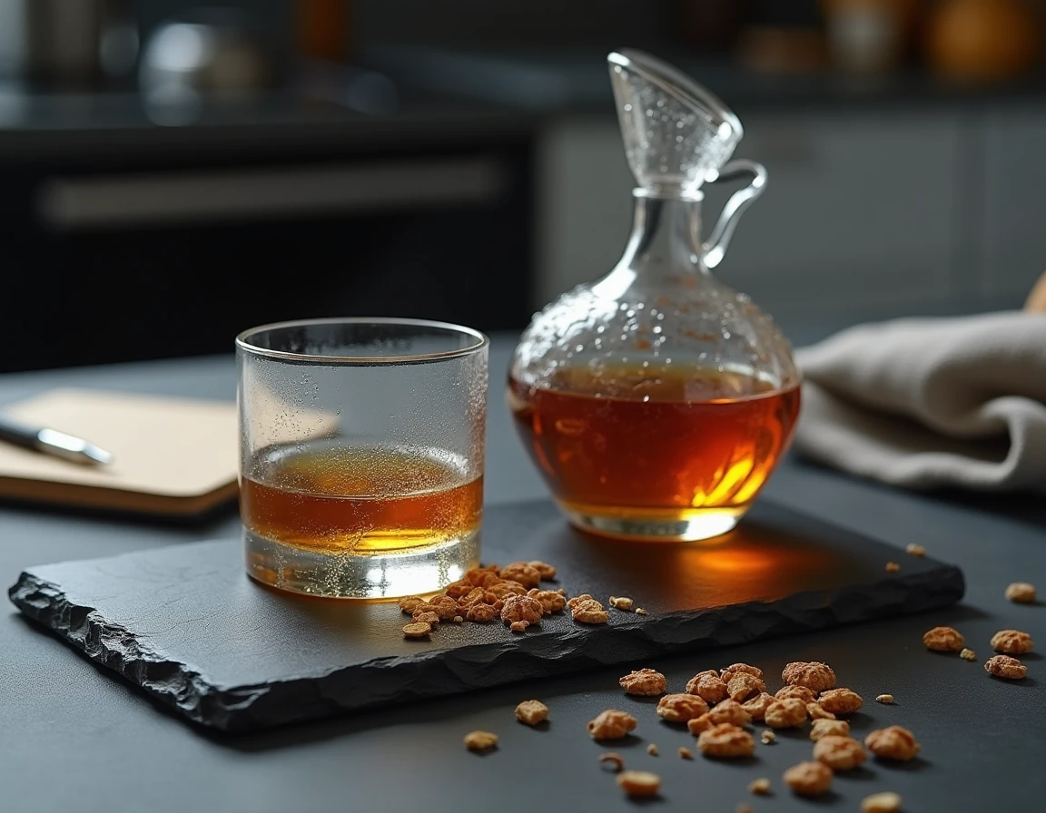 Comparaison de deux verres de whisky côte à côte, l'un servi en carafe et l'autre directement à la bouteille, sur ardoise