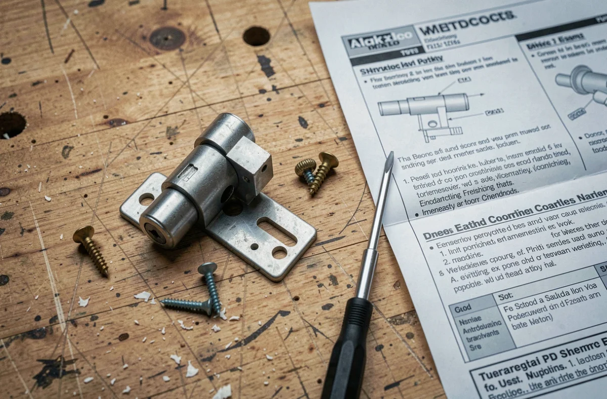 Vue de dessus des composants d'un pêne de serrure démontés sur un établi en bois avec outils et notice de remplacement