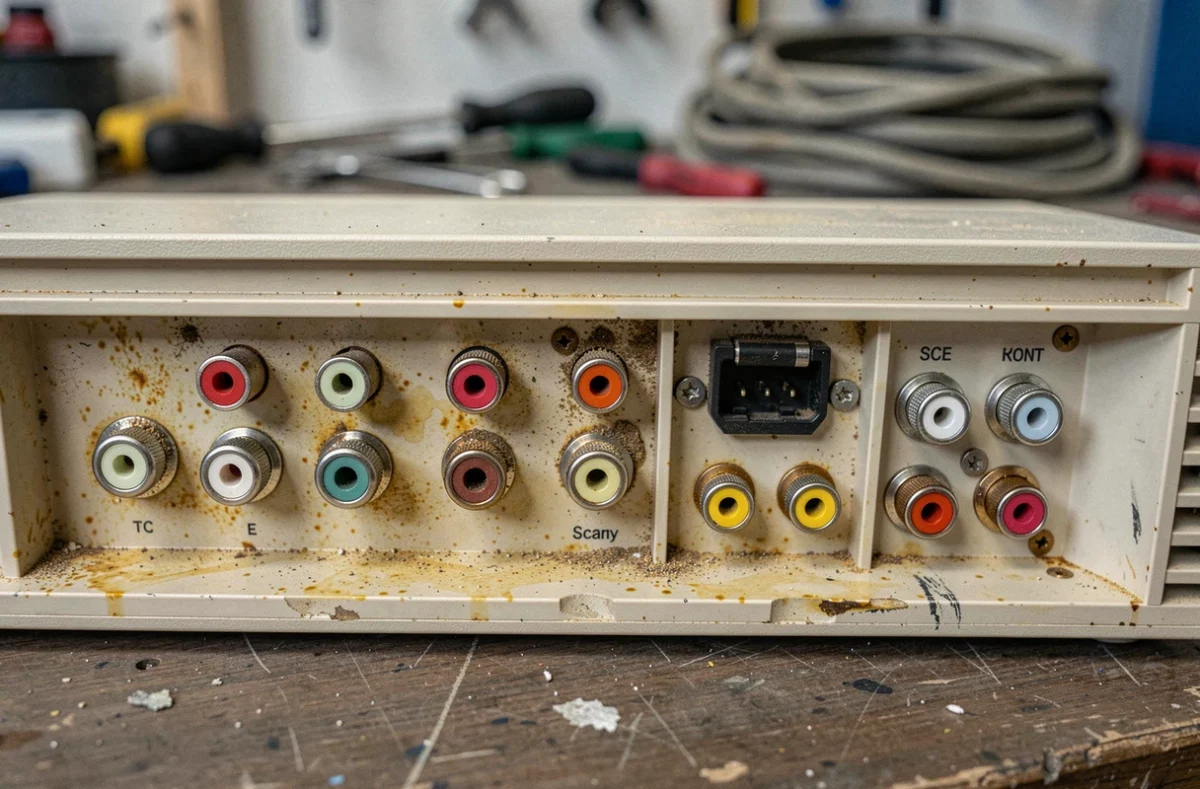 Panneau arrière d'un téléviseur vintage avec connectiques RCA, péritel et coaxial sur plastique jauni