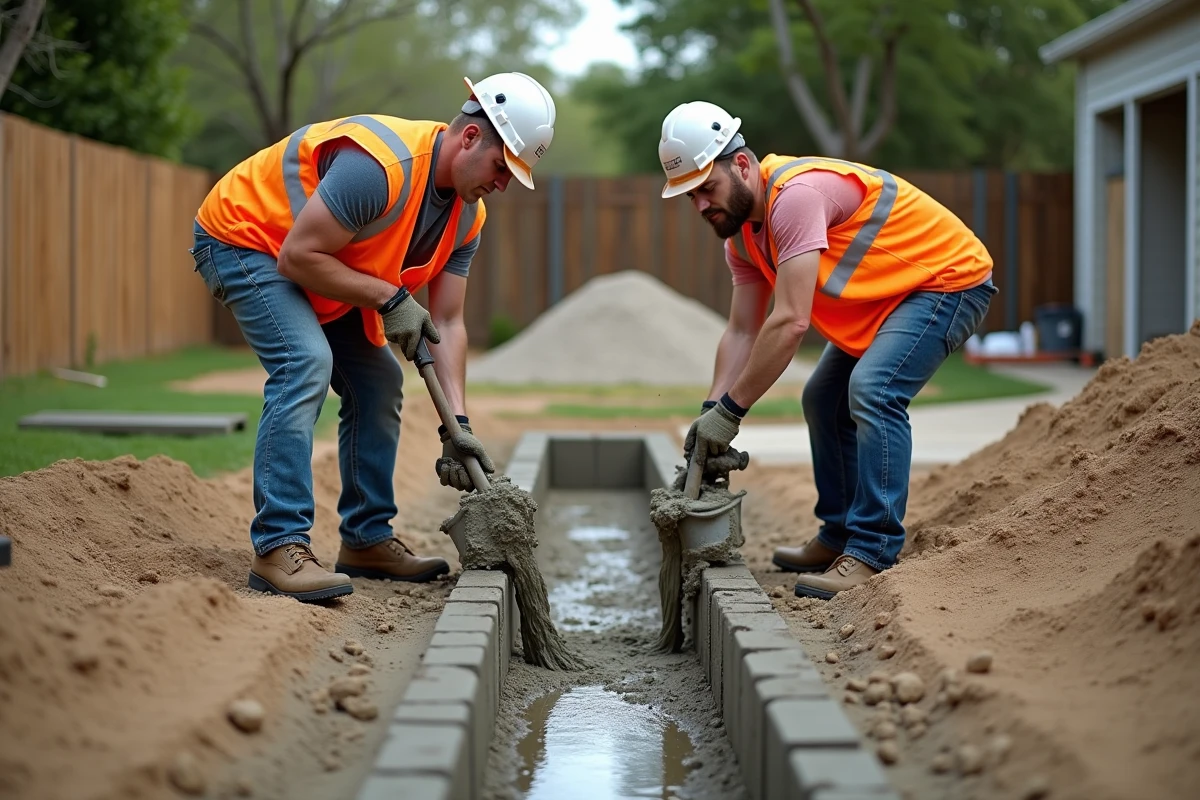 Deux ouvriers coulant du béton dans une tranchée de fondation large pour un mur de clôture dans un jardin résidentiel