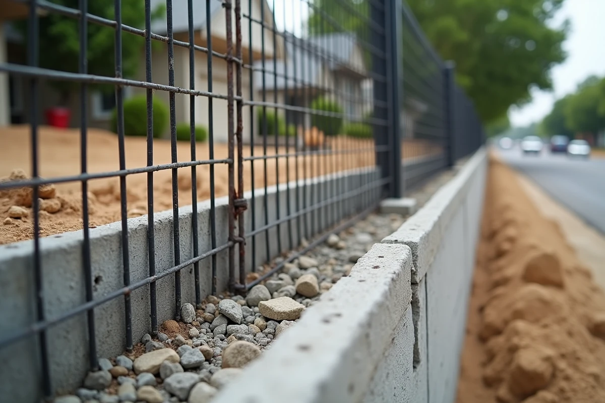Coupe transversale d'une fondation en béton armé pour mur de clôture avec ferraillage et lit de gravier visible