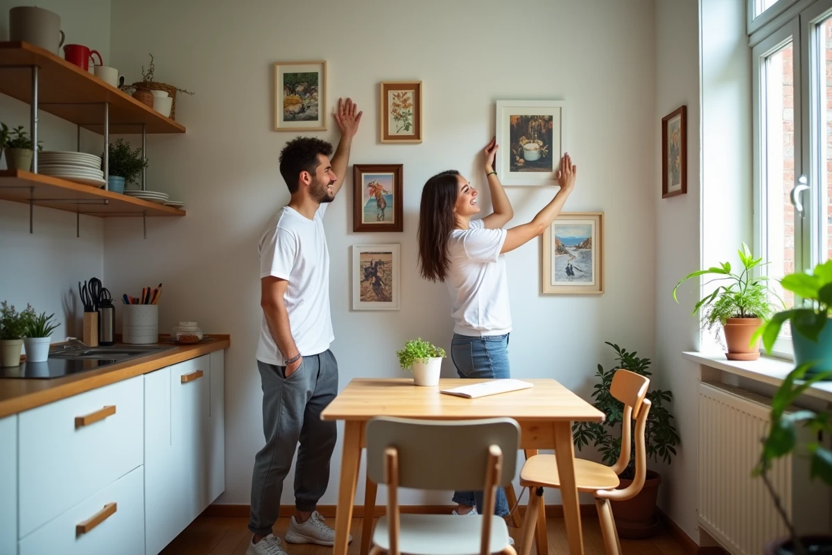 Jeune couple d&eacute;core la cuisine avec des cadres et plantes