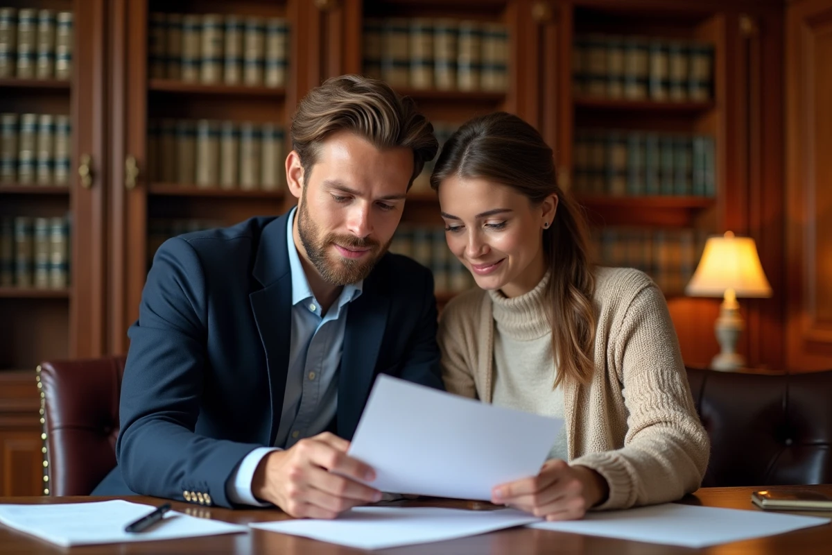 Couple examinant des documents officiels chez un notaire pour finaliser leur emménagement définitif
