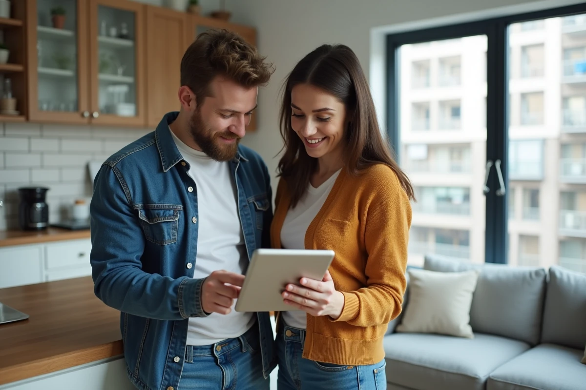 Couple de locataires comparant des offres d'assurance habitation sur une tablette dans leur appartement en ville