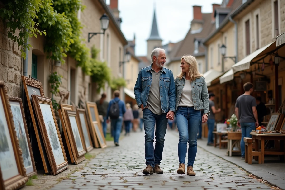 Couple se promenant entre les stands d'un vide grenier en plein air dans une place de village du 79
