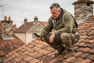 Couvreur professionnel mesurant la pente d'un toit en tuiles avec un outil numérique de mesure d'angle