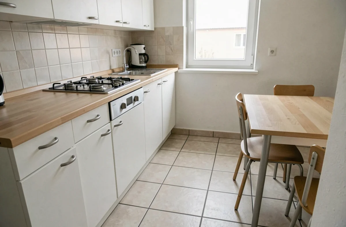 Cuisine Cuisine Plus à Strasbourg entrée de gamme fonctionnelle avec cabinetry blanc mélaminé et plan de travail bois clair