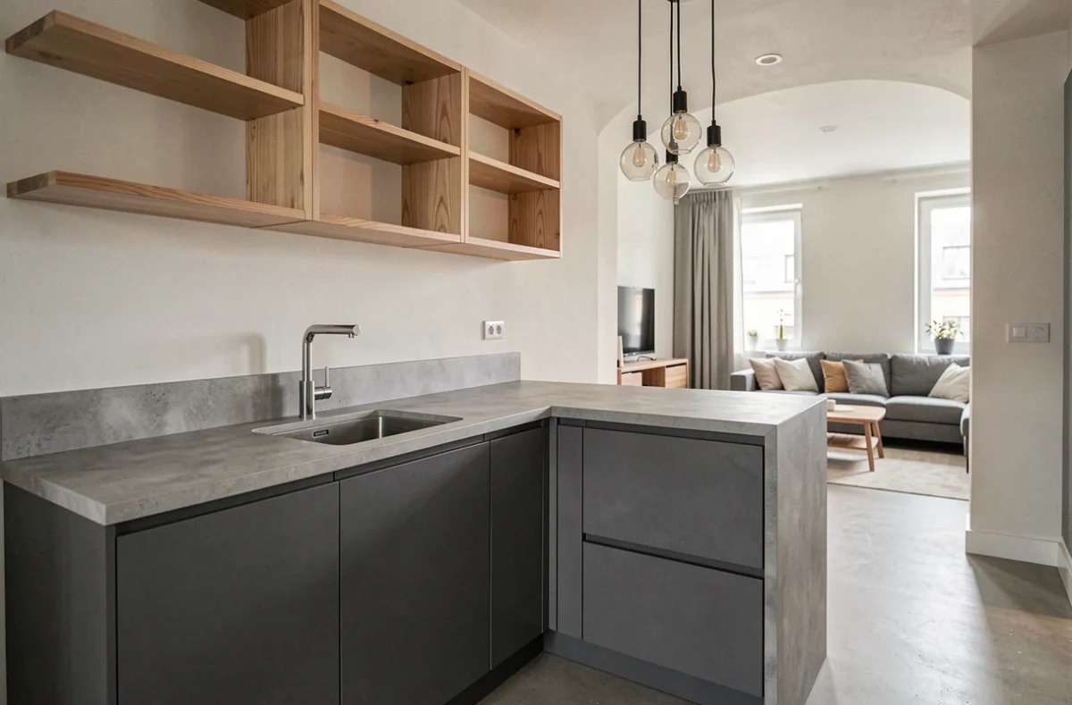 Cuisine Cuisinella à Strasbourg personnalisée avec façades grises anthracite et étagères ouvertes en bouleau naturel