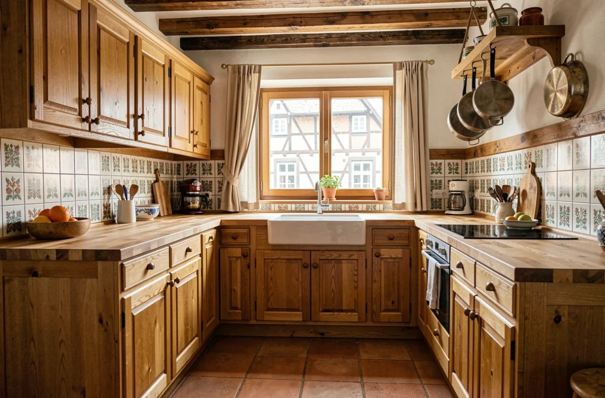 Cuisine Cuisines Schmidt à Strasbourg inspirée du style alsacien traditionnel avec boiseries en chêne et carrelages régionaux