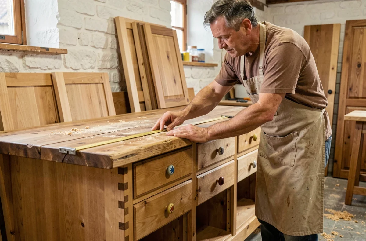 Artisan cuisiniste à Haguenau assemblant une cuisine en bois massif dans son atelier du nord du Bas-Rhin